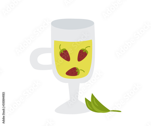 Glass mug of green herbal tea with strawberries. Vector illustration of a healthy drink for design or decoration.