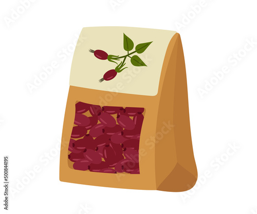 Craft packaging for natural tea with rosehip. A clipart of brown boxes for designer decor. Vector illustration