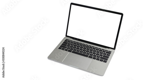 Computer laptop with blank screen isolated on white background. Empty display ready for your webpage or design.