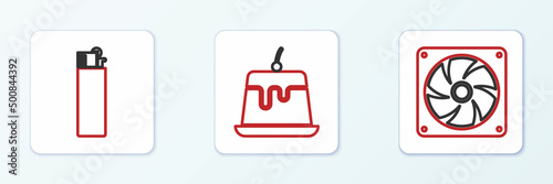 Set line Computer cooler, Lighter and Pudding custard icon. Vector