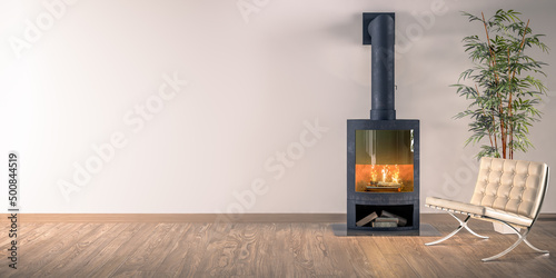 Modern Chair at a Fireplace With Empty Wall & Parquett Floor - Copy Space Background photo