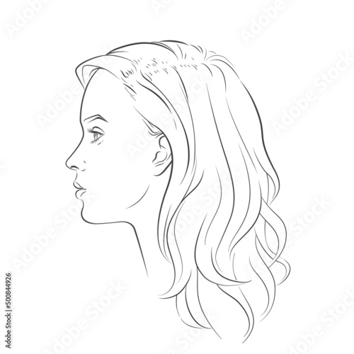 Woman face. Young beautiful girl with curly long wavy hair curls. Volume, haircut, hairdressing, hairstyle. Care and beauty. Vector Black and white line sketch illustration portrait.