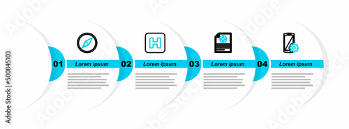 Set line Setting on smartphone, Clinical record, Hospital and Wind rose icon. Vector