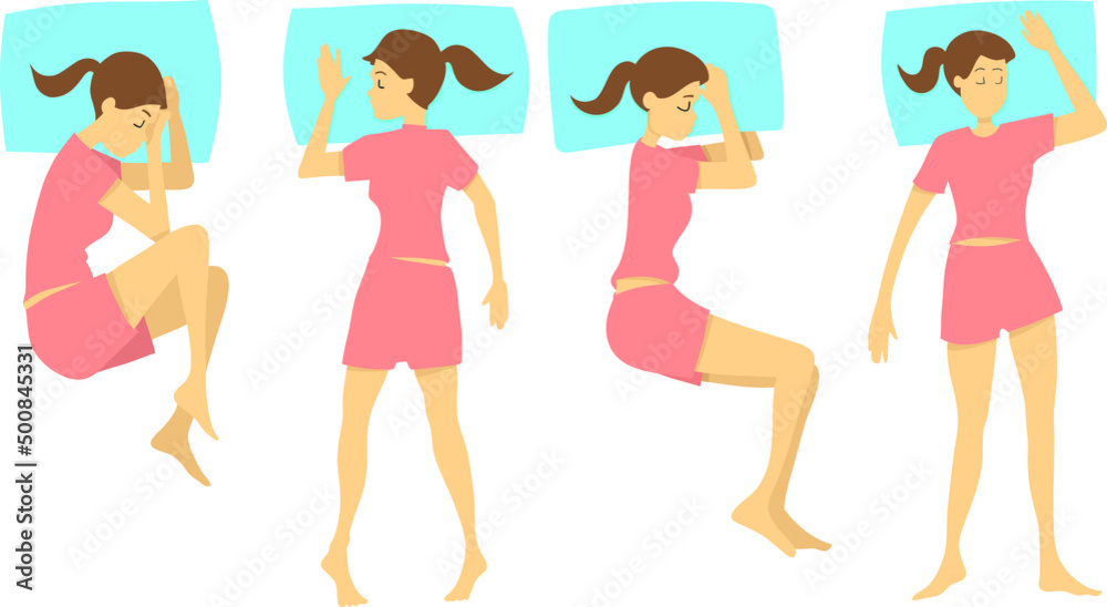Collection of young woman sleeping in bed in various poses. Top view. Set of girl in pajama sleeping in different poses. Cartoon illustration. Vector