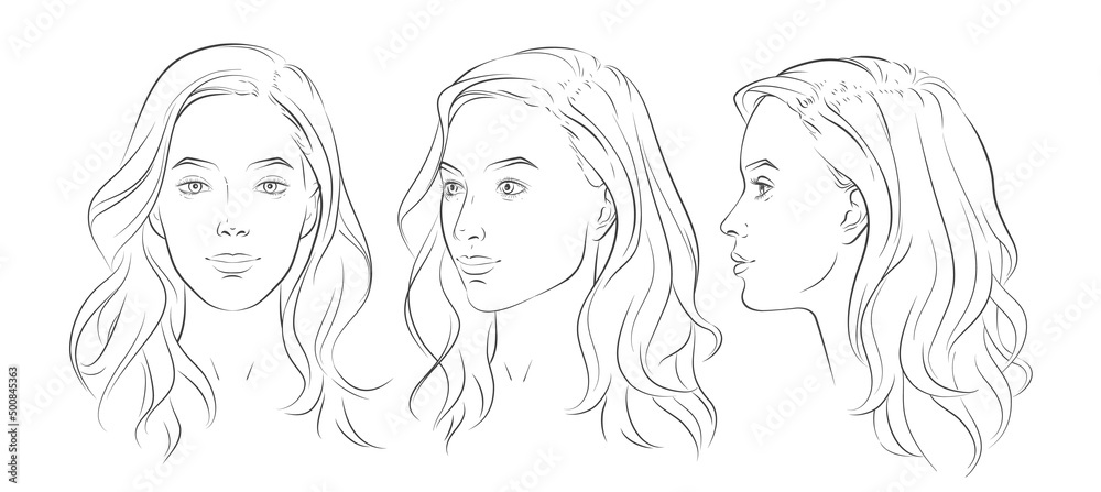 Vector woman face. Set of three different angles. Different view front, profile, three-quarter of a girl face.