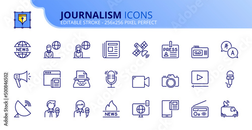 Simple set of outline icons about journalism and news. photo