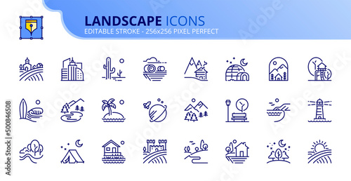 Simple set of outline icons about the landscape
