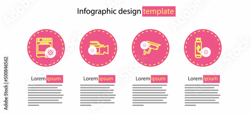 Set line Security camera setting, USB flash drive, Video and Oven icon. Vector