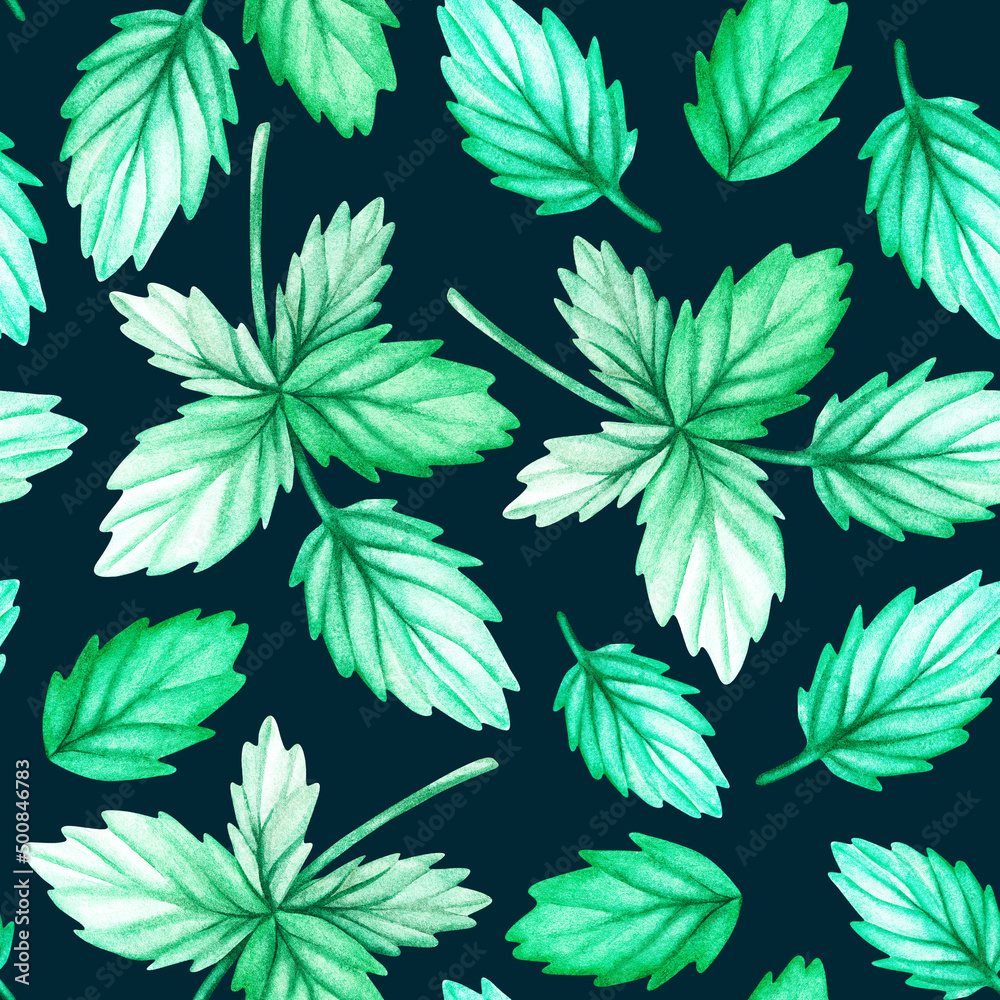 Leaf seamless pattern. Watercolor illustration. Isolated on a blue background. For design.