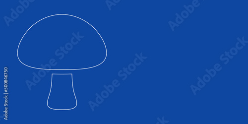 A large white outline mushroom symbol on the left. Designed as thin white lines. Vector illustration on blue background