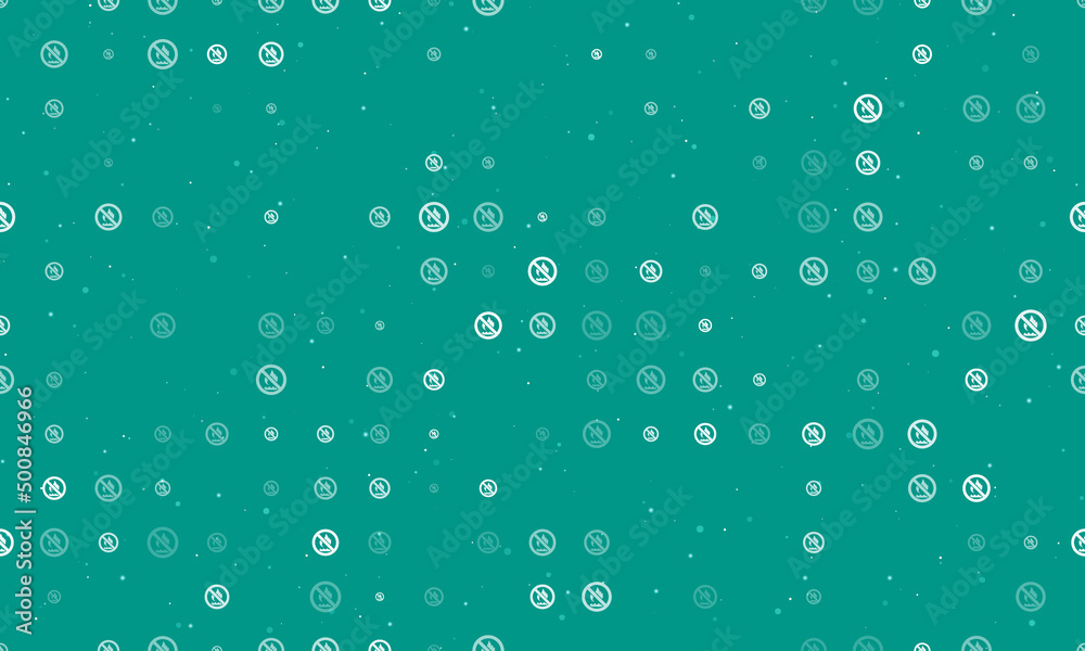 Seamless background pattern of evenly spaced white no gas symbols of different sizes and opacity. Vector illustration on teal background with stars