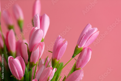 Fototapeta Naklejka Na Ścianę i Meble -  Artificial pink flowers on a pink background.