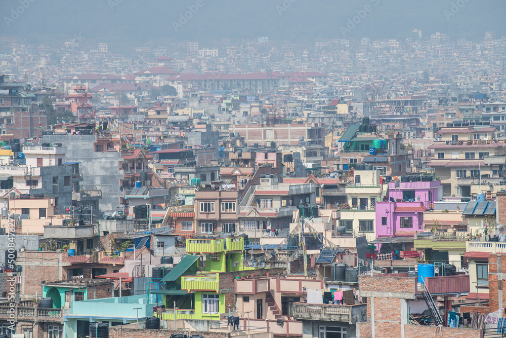 Kathmandu, Nepal- April 20,2022 : Panoramic top view of Katmandu city from Swayambhunath stupa.