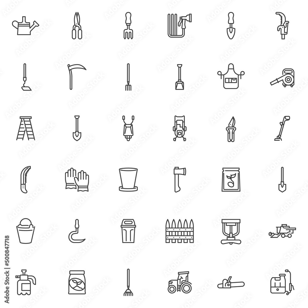 Gardening equipment line icons set Gardening equipment line icons set