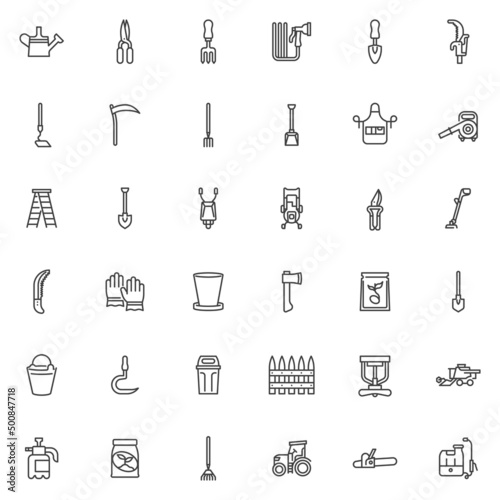 Gardening equipment line icons set