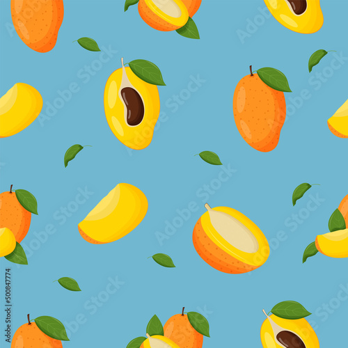 Mango with green leaves seamless pattern. Flat vector illustration