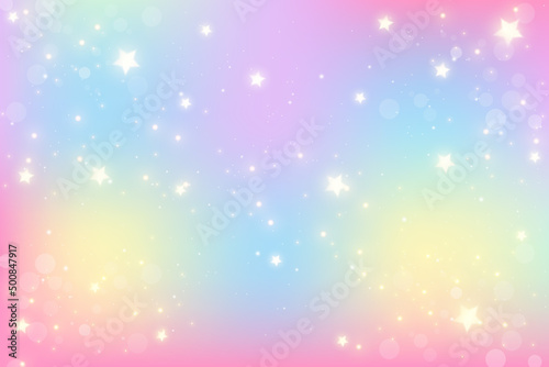 Rainbow fantasy unicorn background. Holographic illustration in pastel colors. Cute cartoon girly background. Bright multicolored sky with stars. Vector.