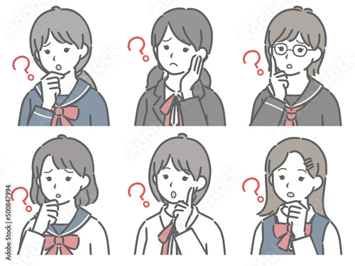 疑問に思う女子学生の斜め向き上半身セット