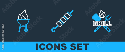 Set line Crossed fork and spatula, Barbecue grill and Grilled shish kebab icon. Vector