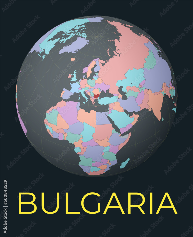 World map centered to Bulgaria. Red country highlighted. Satellite world view centered to country with name. Vector Illustration.