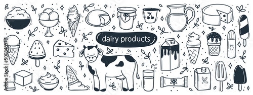 Dairy products set in hand drawn doodle style