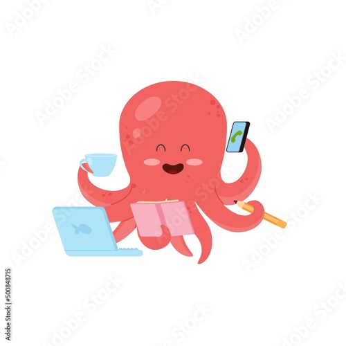 Funny octopus character as businessman working at laptop, flat vector isolated.