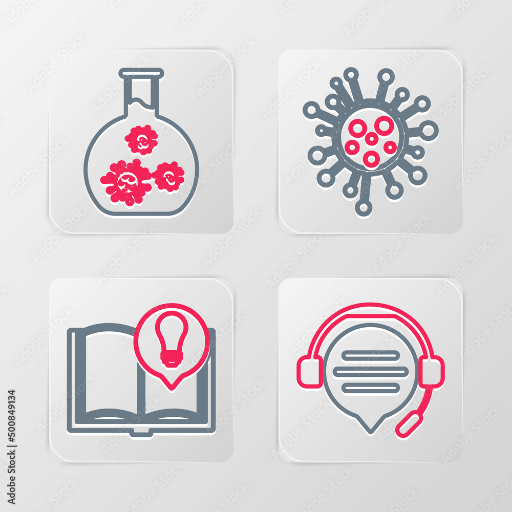 Set line Headphones with speech bubble chat, Interesting facts, Bacteria and Test tube virus icon. Vector Set line Headphones with speech bubble chat, Interesting facts, Bacteria and Test tube virus icon. Vector