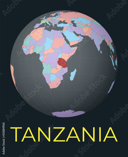 World map centered to Tanzania. Red country highlighted. Satellite world view centered to country with name. Vector Illustration.