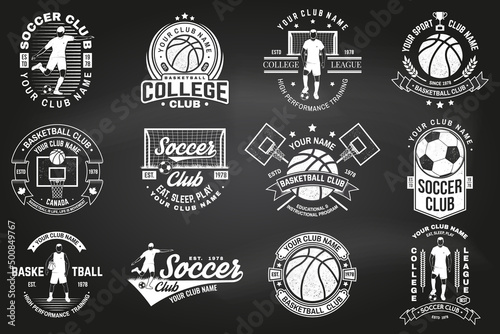 Set of soccer, football and basketball club badge on chalkboard. Vector. Concept for shirt, print, stamp or tee. Vintage design with soccer, football player, basketball player, hoop and ball photo