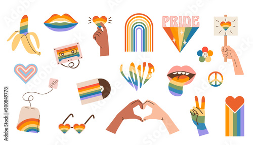 Vector set of LGBTQ community symbols with pride flags, gender signs, retro rainbow colored elements. Pride month stickers. Gay parade groovy celebration. LGBT flat style icons and slogan collection.