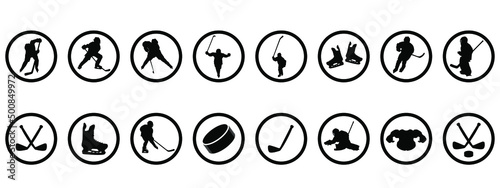 Set of hockey badges in a round frame. Vector illustration of isolated elements on a white background. Use for sports product design, decoration, printed and gift products, etc.