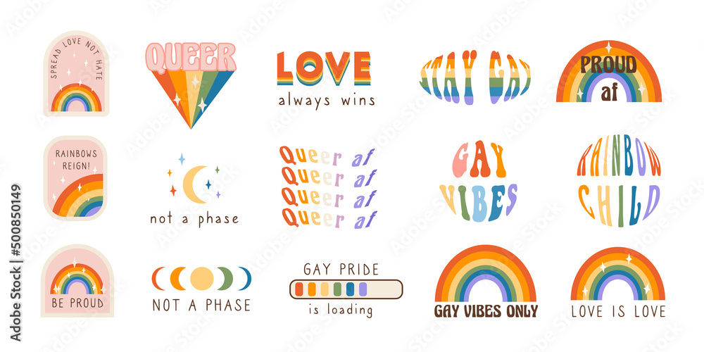 Vector set of LGBTQ community stickers in retro groovy 60s 70s style. Trendy collection of slogans and phrases for Pride Month. Queer rainbows flags. Gay parade design graphic elements. Illustration.