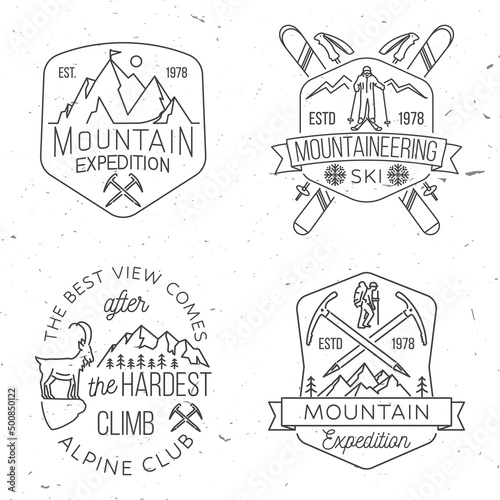 Set of Hiking, mountain expedition badge. Vector. Concept for alpine club shirt or logo, print, stamp or tee. Vintage line art design with mountain silhouette and skier. Family vacation, activity or