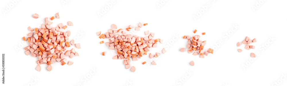 Diced Ham Isolated on White Background, Chopped Boiled Sausage Diced Ham Isolated on White Background, Chopped Boiled Sausage