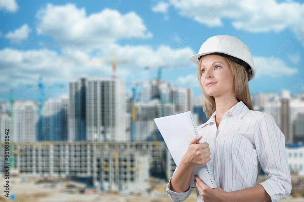 Woman engineer architect worker holding blueprint construction Woman engineer architect worker holding blueprint construction