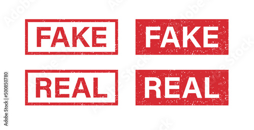Fake and Real word grunge rubber stamp for media and documents. Fake and Real sign sticker. Symbol of truth and lies. Grunge red vintage square label. Vector illustration isolated on white background.