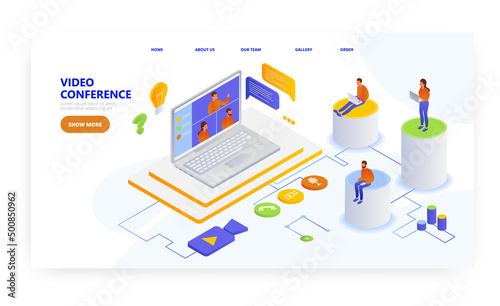 Video conference, landing page design, website banner vector template. Business group meeting, webinar, online education