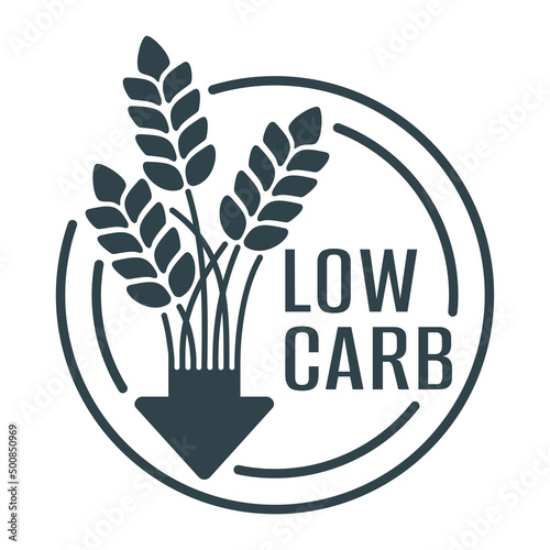 Low-carb product - badge with wheat and arrow down