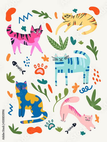 Collection of trendy bright cats with elements of nature and various plants and flowers