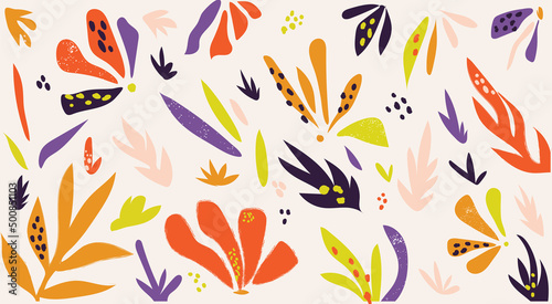 Hand drawn abstract flowers and various plants. Collage of modern print. Fashion template for design.
