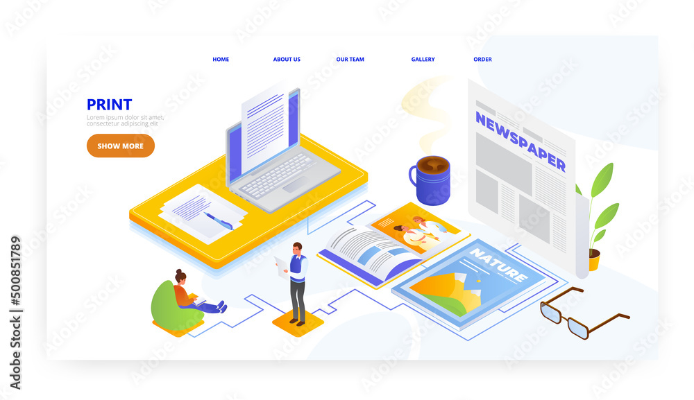 Print journalism landing page design, website banner vector template. Printing house, polygraphy, printshop. Press media Print journalism landing page design, website banner vector template. Printing house, polygraphy, printshop. Press media