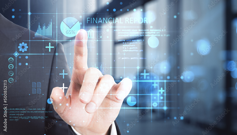 Close up of male hand pointing at abstract glowing blue financial report hologram on blurry bokeh office interior background with mock up place. Close up of male hand pointing at abstract glowing blue financial report hologram on blurry bokeh office interior background with mock up place.