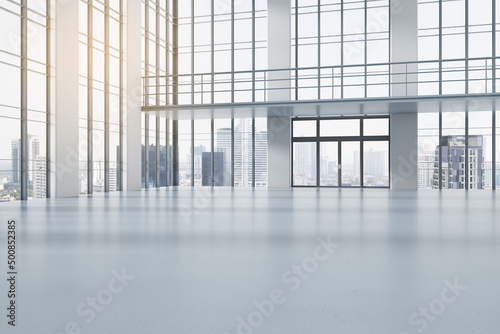 Modern concrete spacious interior with glass windows and city view. 3D Rendering.