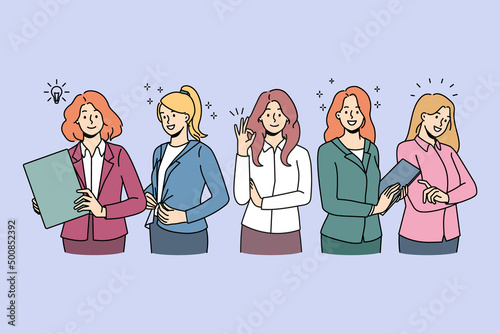 Diverse businesswomen in formalwear feel confident and successful at workplace. Female business group or team show leadership and unity. Feminism and employment. Vector illustration. 