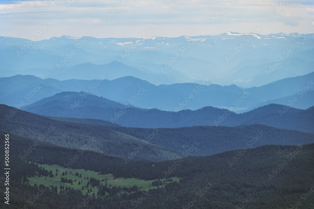 Altai mountain landscape. View from Mount Sarlyk to the west. Altai mountain landscape. View from Mount Sarlyk to the west.