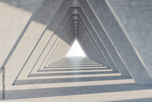 Fototapeta Naklejka Na Ścianę i Meble -  Sunny empty modern architecture design of triangle form tunnel background with shadows inside and bright light exit at the end. 3D rendering