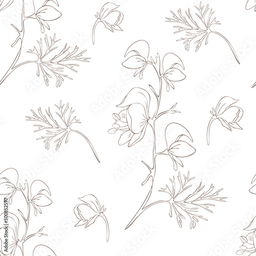 Botanical seamless pattern aconitum (wolfsbane). Illustration of wild flowers 