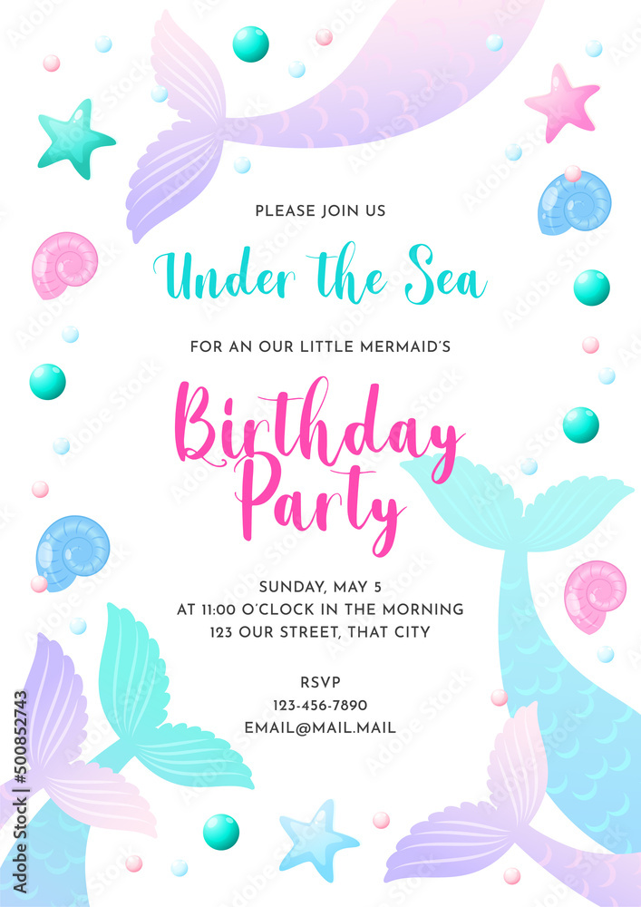 Birthday party invitation template. Cute illustration of mermaid tails, sea shells and star fish. Vector 10 EPS. Birthday party invitation template. Cute illustration of mermaid tails, sea shells and star fish. Vector 10 EPS.