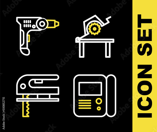 Set line Table saw for woodwork, House intercom system, Electric jigsaw and drill machine icon. Vector
