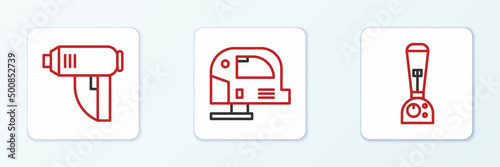 Set line Blender, Electric industrial dryer and jigsaw icon. Vector